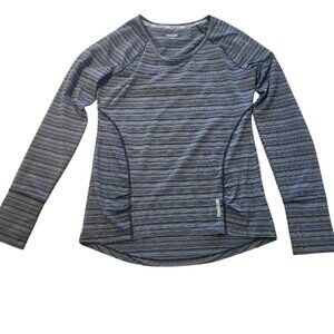 Reebok Running Shirt Long Sleeve Athletic Black Gray Striped‎ Womens Large EUC